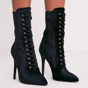 Black Crushed Velvet Pointy Toe Lace-up Booties